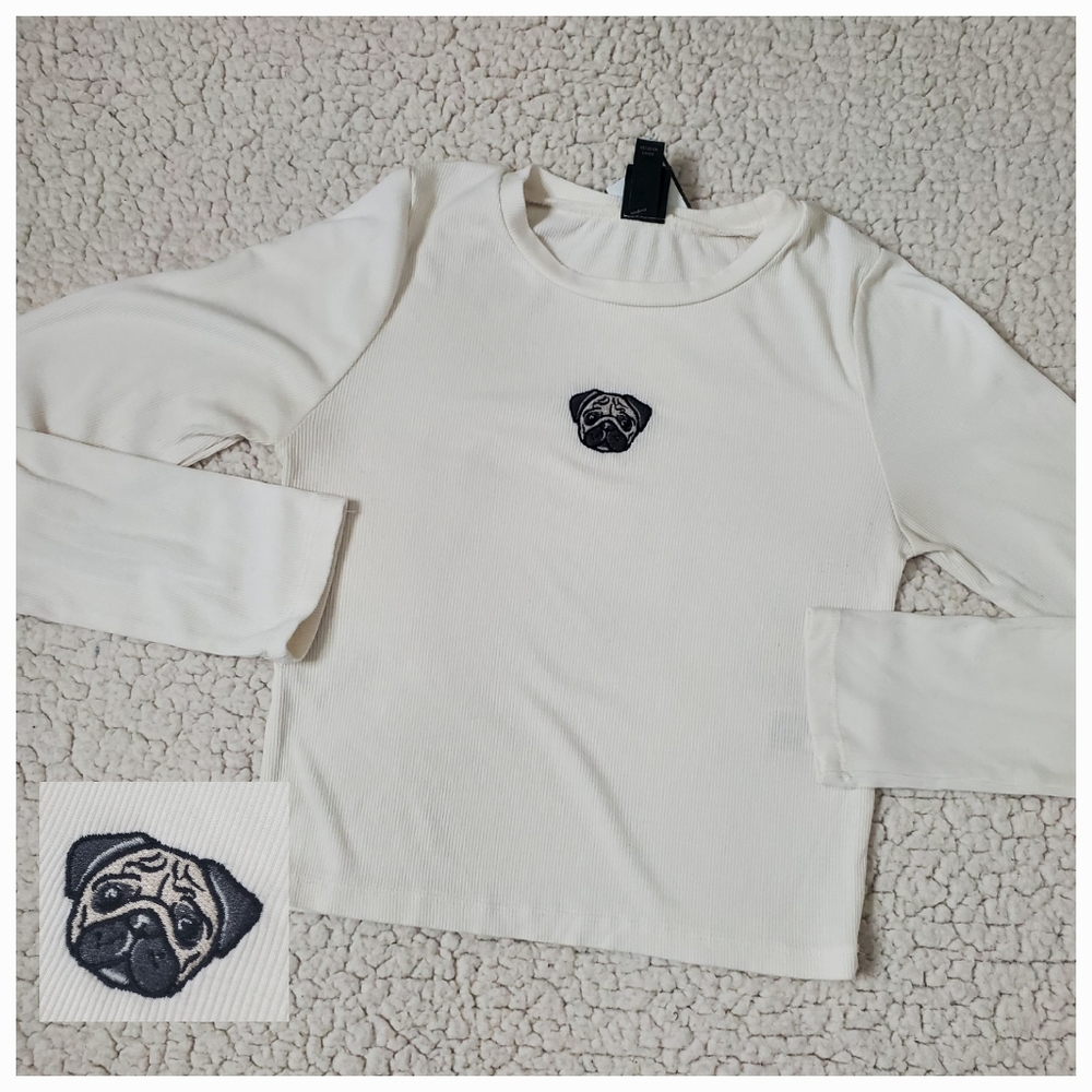 Wild Fable Ribbed Long Sleeve Cropped Shirt Embroidered Pug Size XS